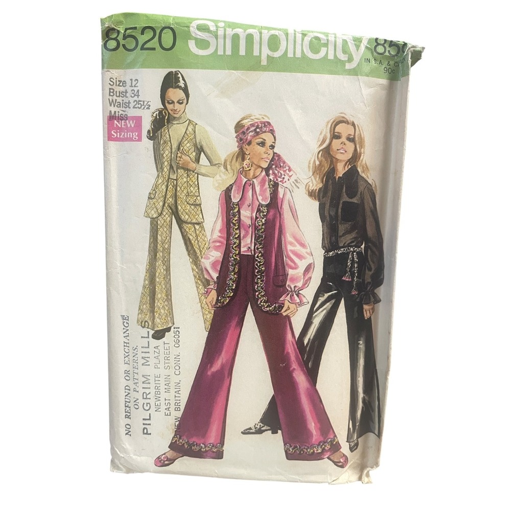 Simplicity 8520 Misses' Vest Blouse Pants Size 12 1970s Vintage